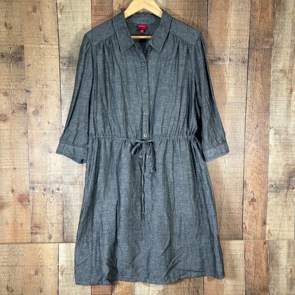 Merona XXL Gray Linen Cotton Blend Button Down Shirt Dress Plus Career